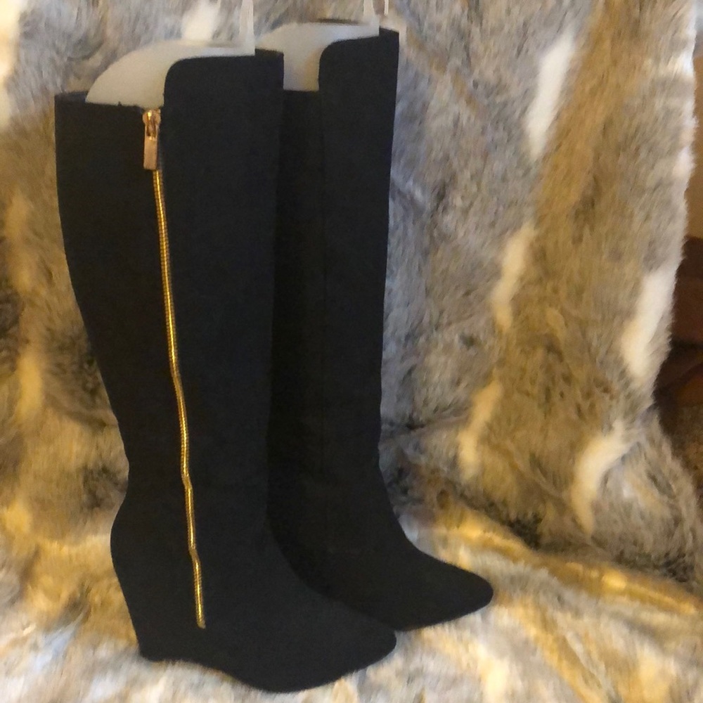 Black tall wedge heel boots size 6.5